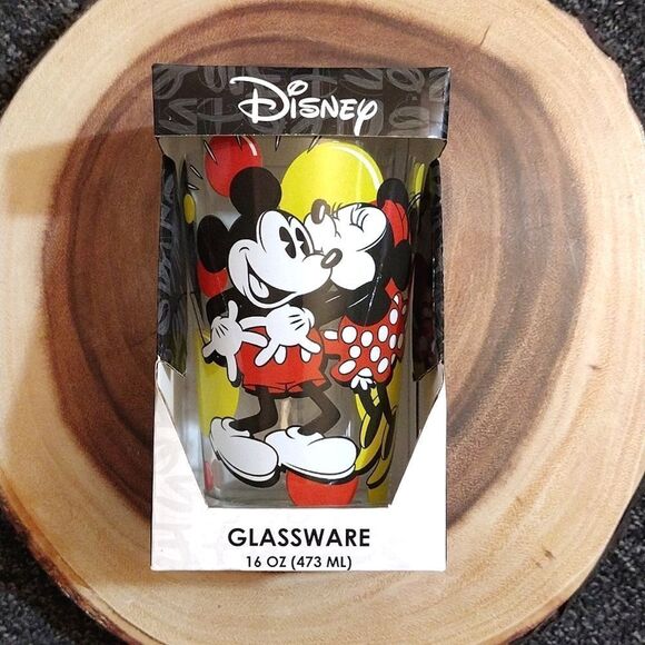 Disney Mickey Minnie Mouse Kiss Print 16oz Pint Glass Tumbler NWT - Picture 1 of 16